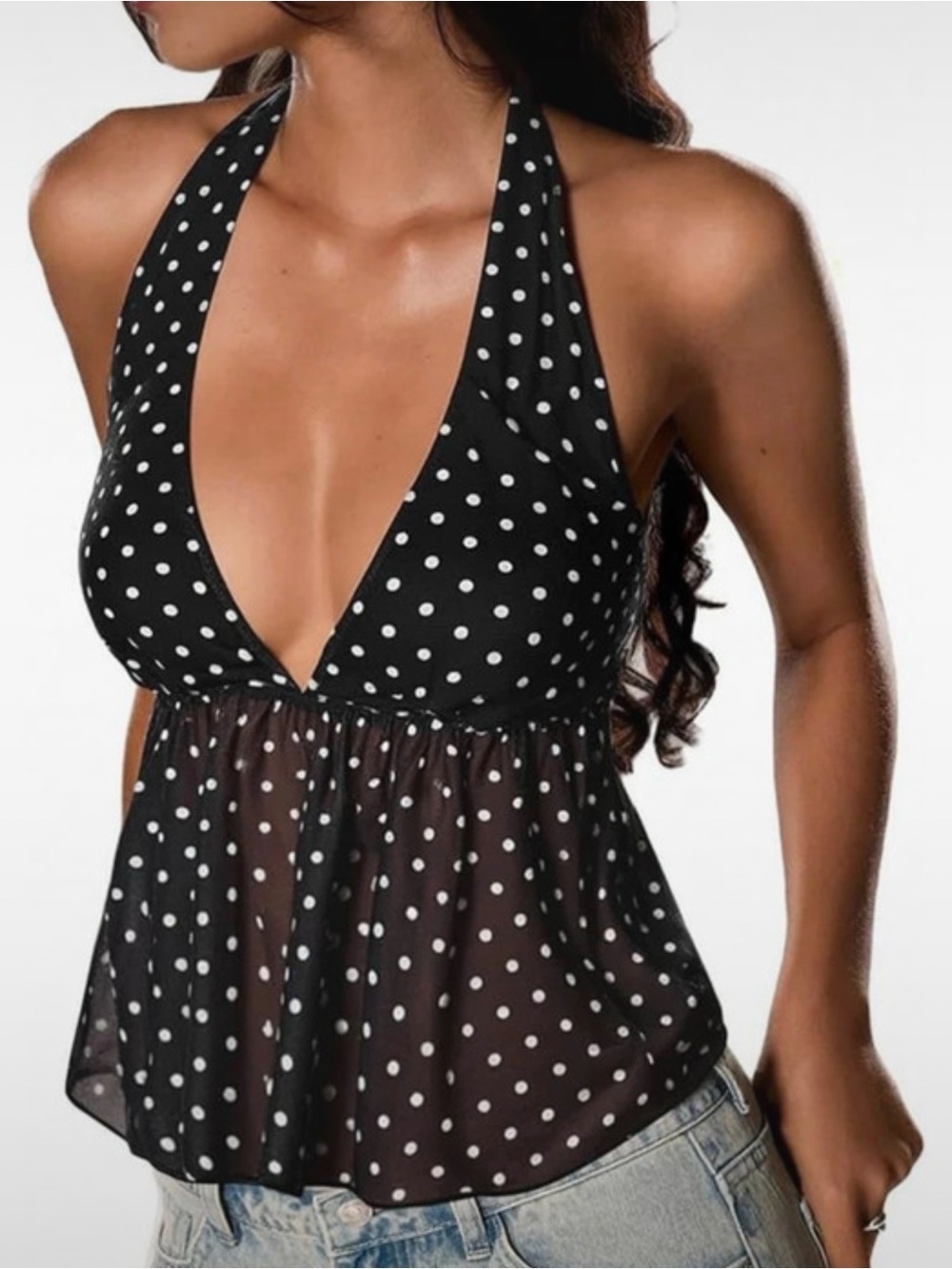 NWT Y2K Black Polka Dot Halter Swim Top Party Going Out L